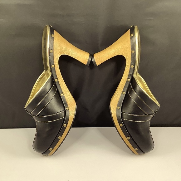 NWOT Fashion Bug Dinah Black Faux Leather Wood Platform Clog Heels 7.5 - Picture 11 of 16